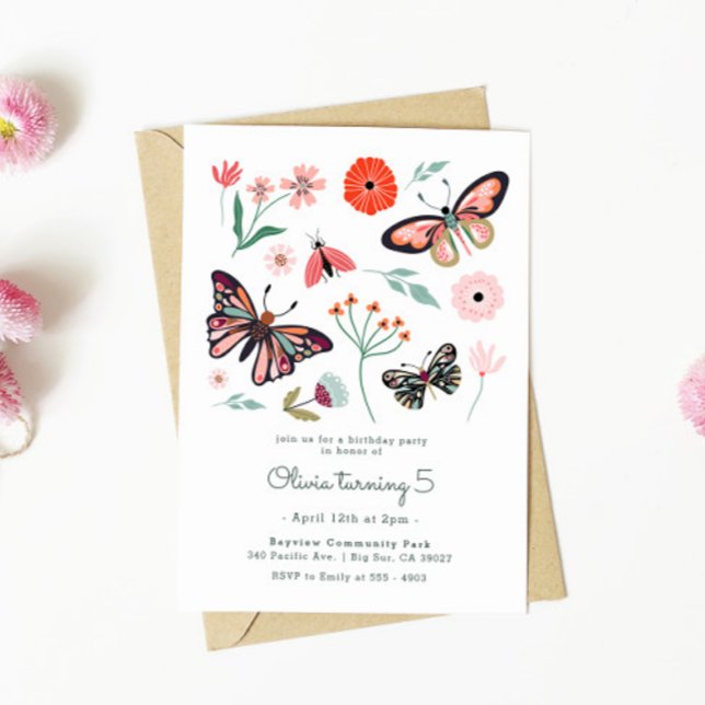 Bugs de mariposa rosada Invitación a cumpleaños de (Subido por el creador)