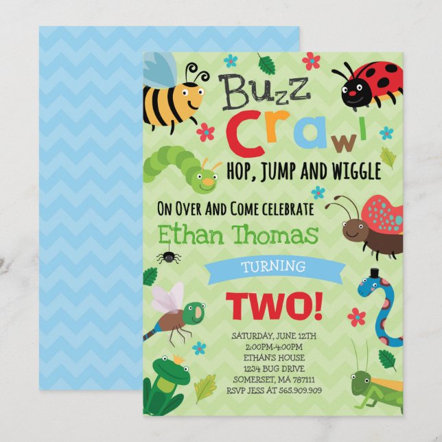 Bugs Invitación a cumpleaños Boy Bugs Fiesta de cu (Anverso / Reverso)