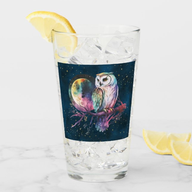 Búho Arcoíris Místico y Tumbler de Vidrio Celestia (Anverso (hielo))