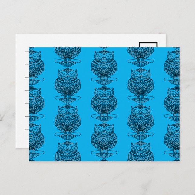 Búho (azul patrón) - Postal (Anverso / Reverso)