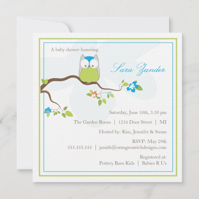 Búho azul y verde de la invitación de Baby Shower (Anverso)