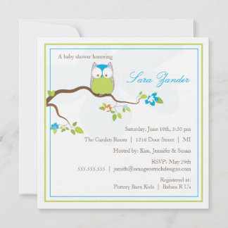 Búho azul y verde de la invitación de Baby Shower