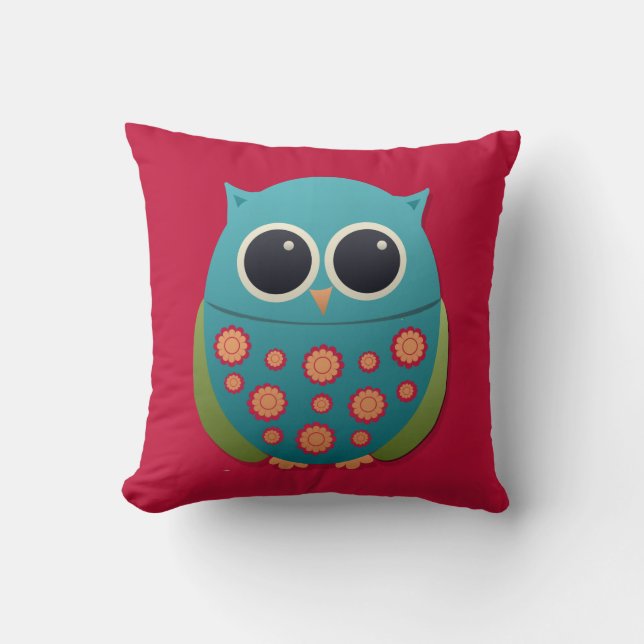 Búho azul y verde lindo sobre almohada roja (Anverso)