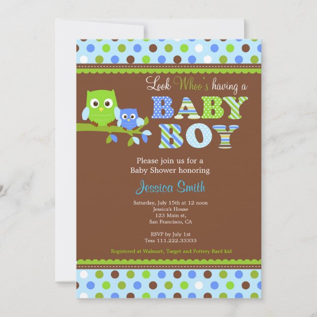 Búho Baby Shower Invitación Boy (Anverso)
