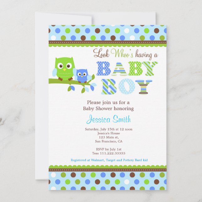 Búho Baby Shower Invitación Boy (Anverso)