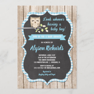 Búho bebé invitaciones a la ducha muchacho, azul b