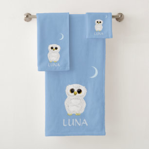 Búho Blanco y Luna Creciente sobre Azul Celeste