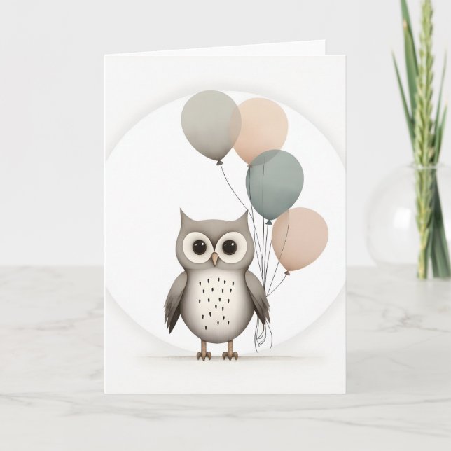 Búho boho minimalista con globos Tarjeta de felici (Anverso)