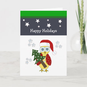 Búho con sombrero de Santa con árbol de Navidad