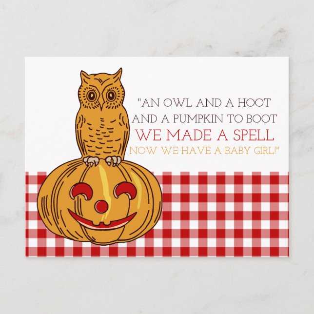 Búho de calabaza y Invitación de niñas de Gingham (Anverso)