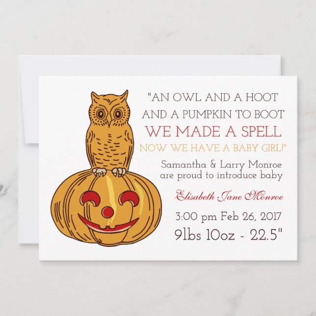 Búho de calabaza y Invitación de niñas de Gingham (Anverso)