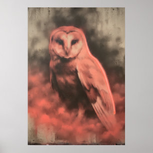 Búho de Granero de Resplandor Rojo Arte en Acuarel
