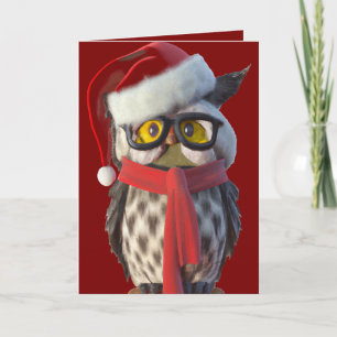 Búho de Navidad con traje de Santa y bufanda roja