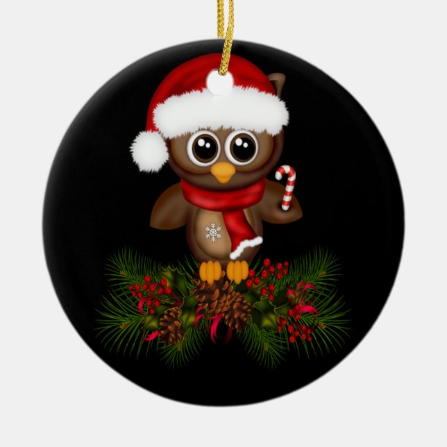 Búho De Navidades Cutos En Ornamento De Rama De Pi (Frente)