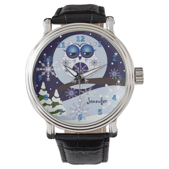 Búho de nieve y reloj de nombres personalizado (Anverso)