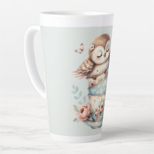 Búho durmiendo en tazas de té florales apiladas