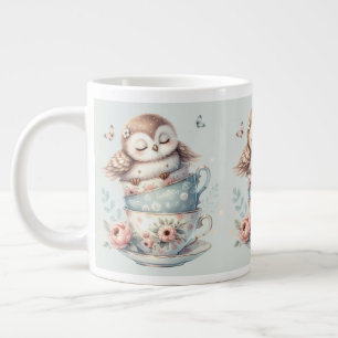 Búho durmiendo en tazas de té florales apiladas
