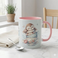 Búho Durmiendo en Tazas de Té Florales Apiladas