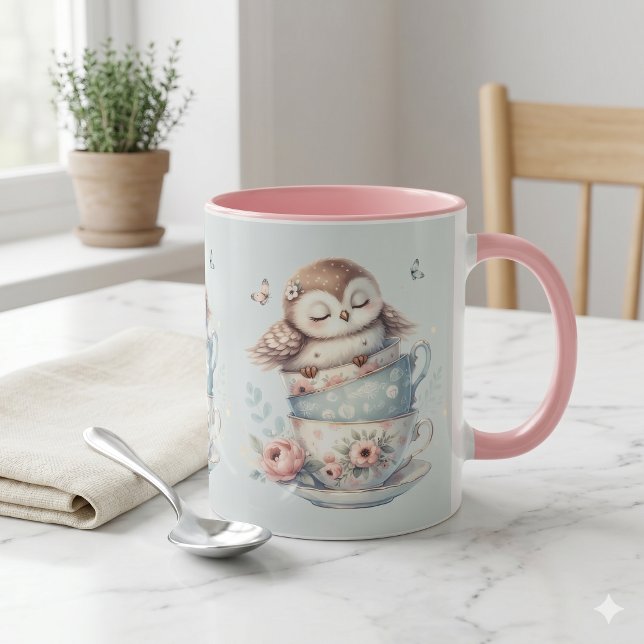 Búho Durmiendo en Tazas de Té Florales Apiladas (Sleeping Owl in Stacked Floral Teacups Mug)