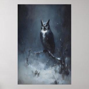 Búho en bosque nevado, arte de pared de animal de