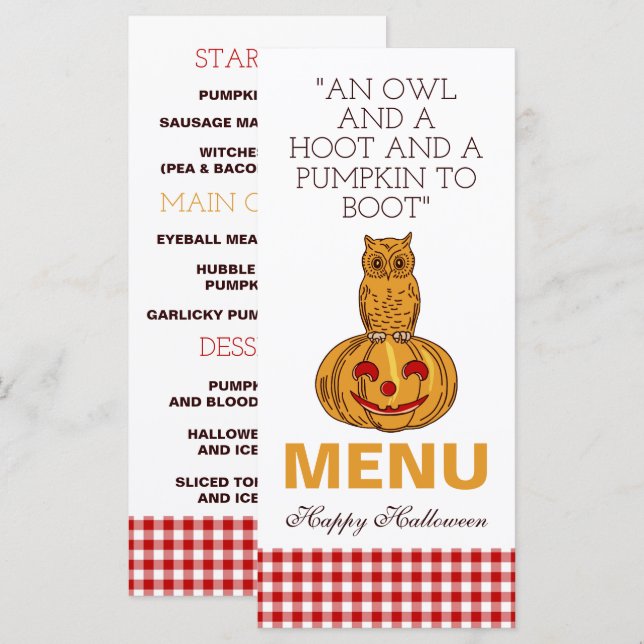 Búho en el menú del patrón de Gingham de la calaba (Anverso / Reverso)