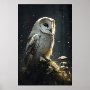 Búho en impresión de pared de bosque sombrío, búho