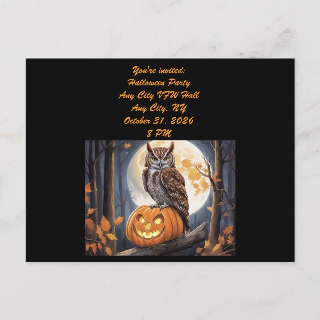 Búho en invitación de Halloween de Jack-o-Lantern (Anverso)