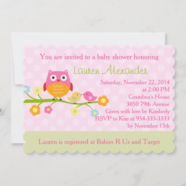 Búho en la invitación a la sucursal de Baby Shower (Anverso)