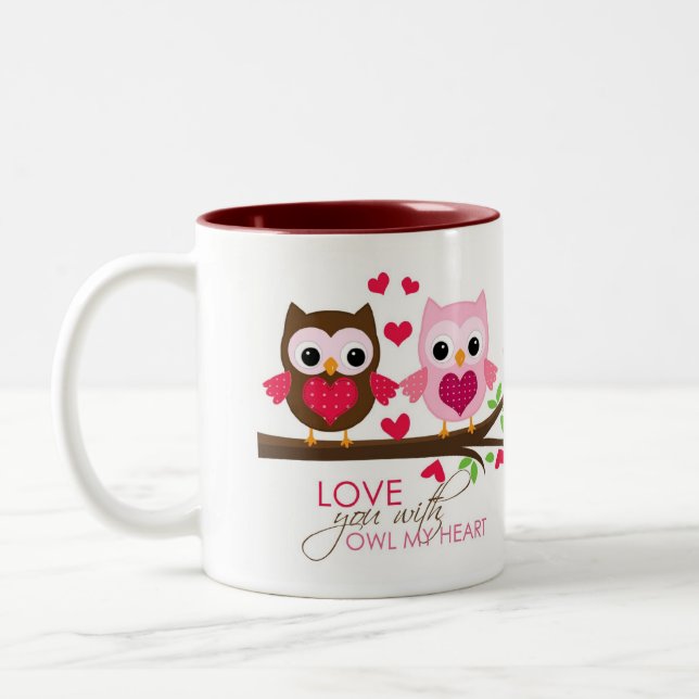 Búho en la taza de la rama (rosa) - taza del amor (Izquierda)