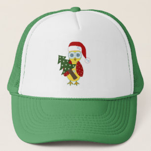 Búho en un Gorra rojo con árbol de Navidad