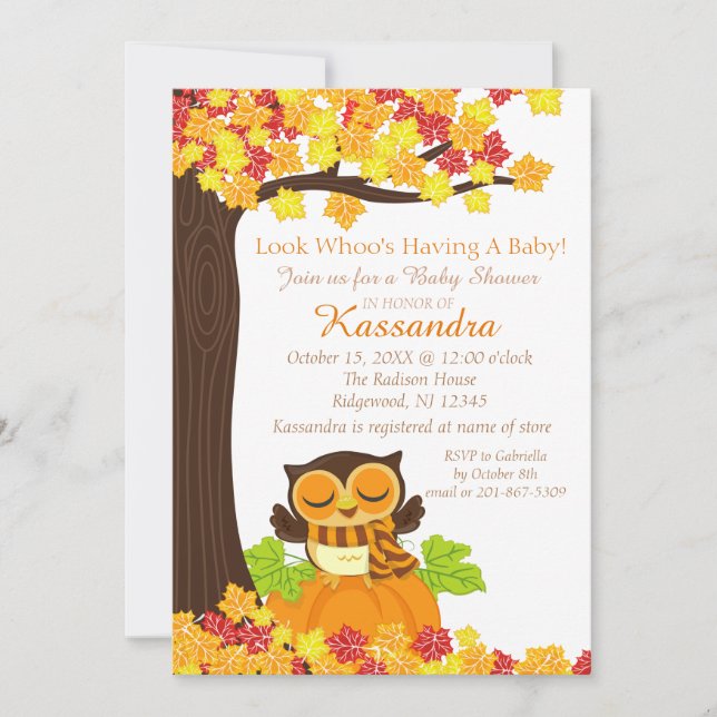 Búho En Una Invitación De Baby Shower De Calabaza (Anverso)