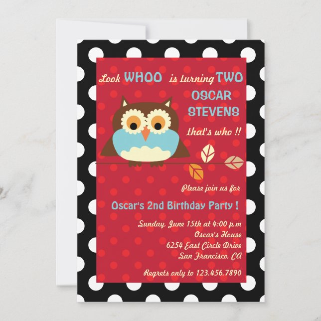 Búho en una rama - invitaciones 5 del cumpleaños (Anverso)