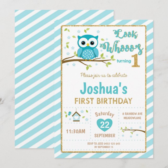 Búho Invitación al primer cumpleaños niño Turquesa (Anverso / Reverso)