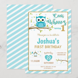 Búho Invitación al primer cumpleaños niño Turquesa