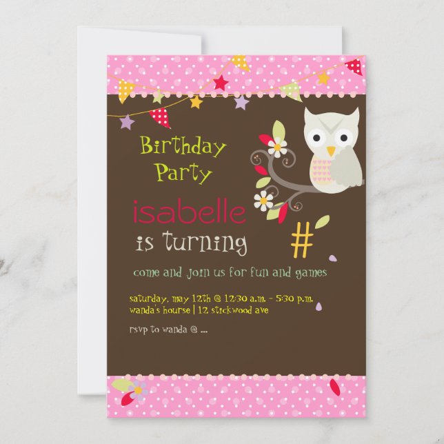 Búho, invitaciones para fiestas de cumpleaños (Anverso)