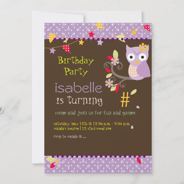 Búho, invitaciones para fiestas de cumpleaños (Anverso)