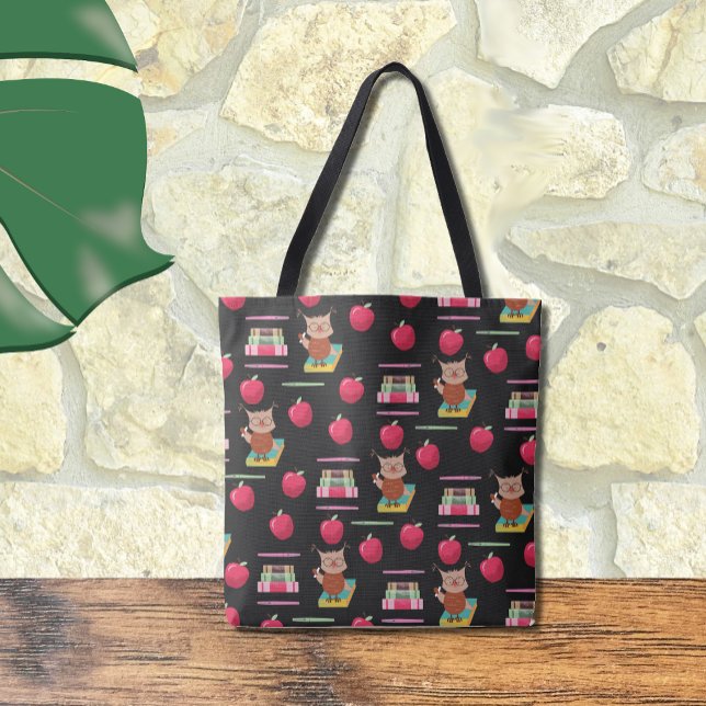 Búho , Libros , Gran Bolsa de Tote del profesor de (Cute owl , books and red apples pattern teacher tote bag .)