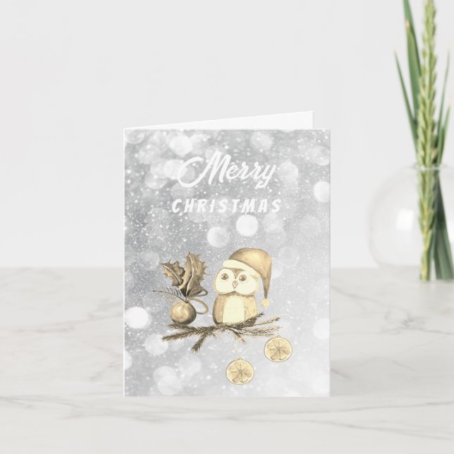 Búho lindo de Navidad con ramas y bolas (Anverso)