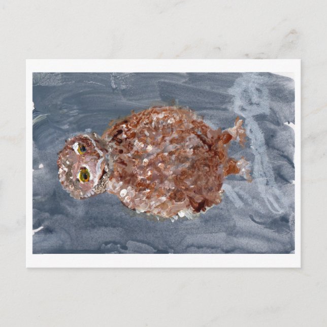 Búho pequeño con postal de fondo gris (Anverso)