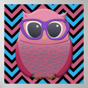 Búho Rosa Lindo con Gafas en Póster de Chevron
