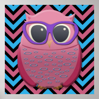 Búho Rosa Lindo con Gafas en Póster de Chevron