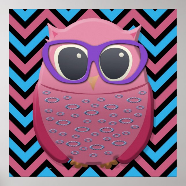 Búho Rosa Lindo con Gafas en Póster de Chevron (Frente)