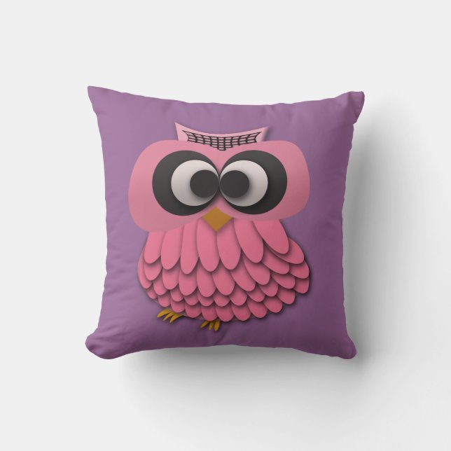 Búho Rosa Lindo en Almohada Morada (Anverso)