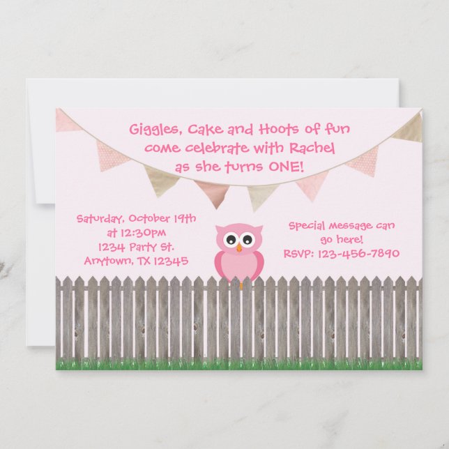 Búho rosado en la invitación del cumpleaños de la (Anverso)