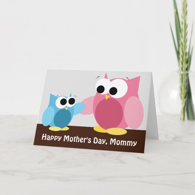 Búhos de la mamá y del hijo - tarjeta del día de (Anverso)
