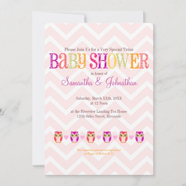 Búhos del bebé - invitación gemela de Baby Shower (Anverso)