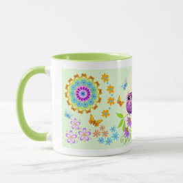 Búhos lindos del verano, flores y taza conocida de