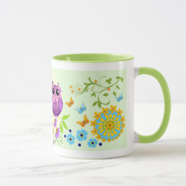 Búhos lindos del verano, flores y taza conocida de