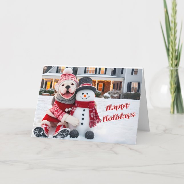 Bulldog americano posando con su tarjeta de Snowma (Anverso)