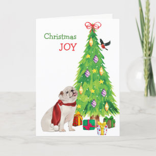 Bulldog blanco, pájaro y árbol de Navidad